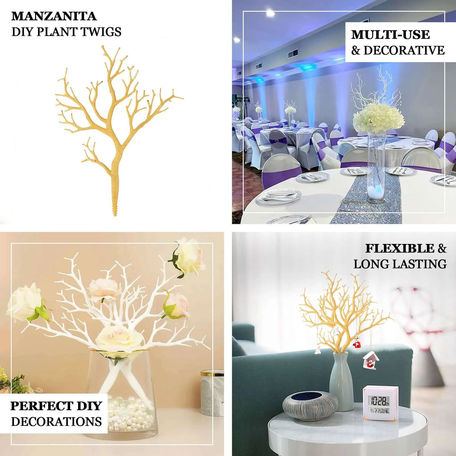 10 Pack 14" White Artificial Manzanita Tree Branches, DIY Plastic Dry Plant Twig Vase Fillers