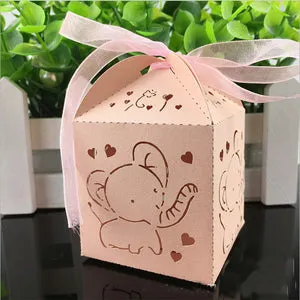 10pcs Elephant Laser Cut Hollow Carriage Favors Box Gifts Candy Boxes With Ribbon Baby Shower Wedding Event Party Supplies