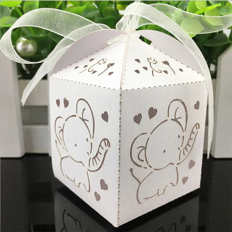 10pcs Elephant Laser Cut Hollow Carriage Favors Box Gifts Candy Boxes With Ribbon Baby Shower Wedding Event Party Supplies