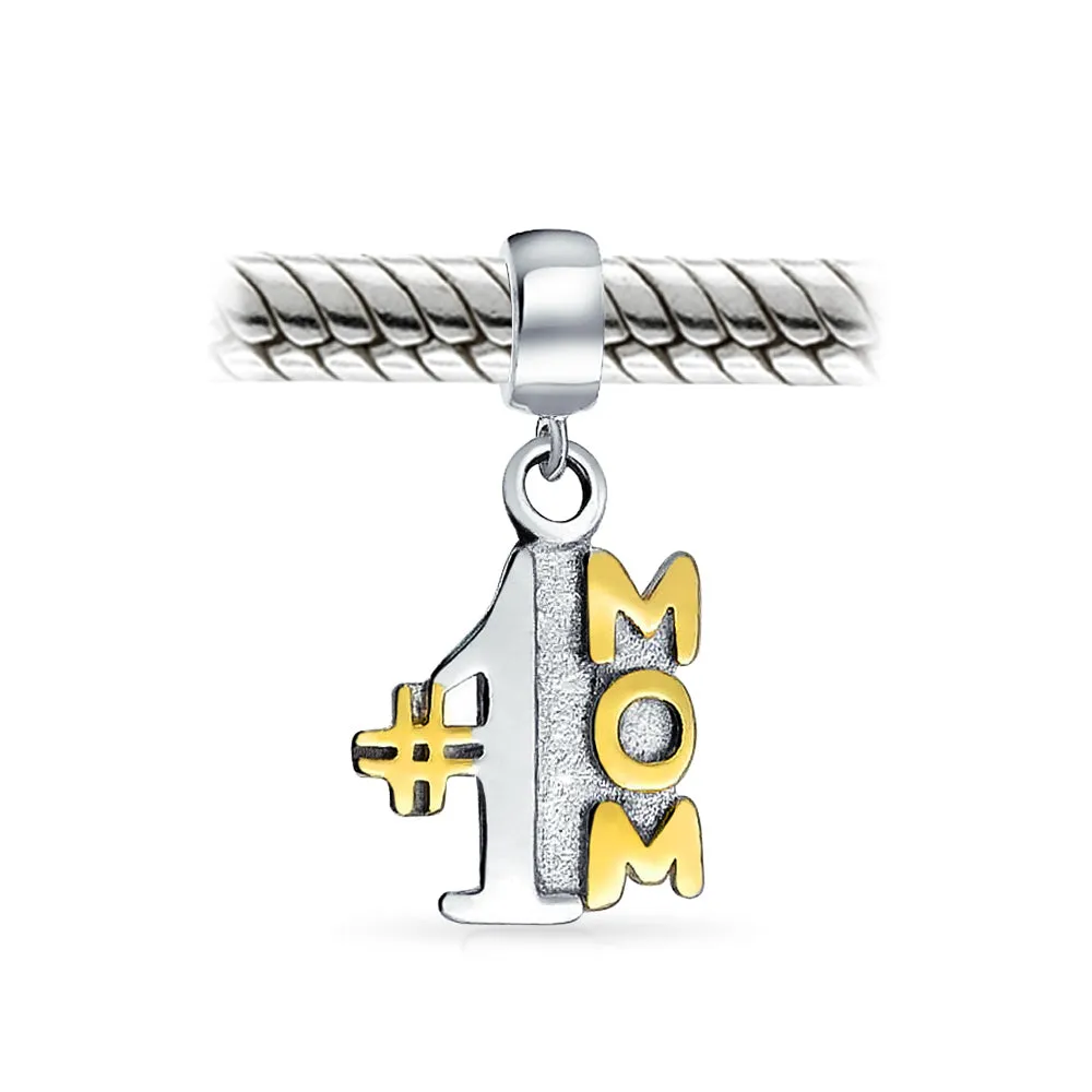 2 Tone Words #1 Mom Dangle MY Wife Heart Locket Charm Bead .925 Silver