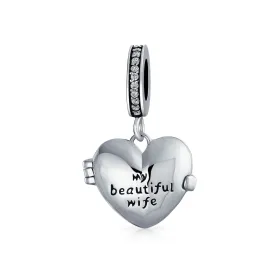 2 Tone Words #1 Mom Dangle MY Wife Heart Locket Charm Bead .925 Silver