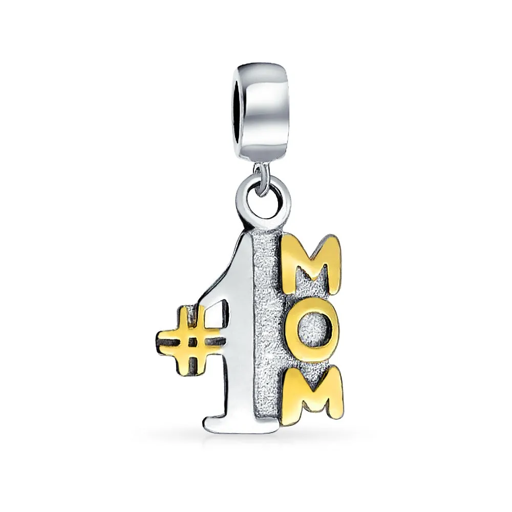 2 Tone Words #1 Mom Dangle MY Wife Heart Locket Charm Bead .925 Silver