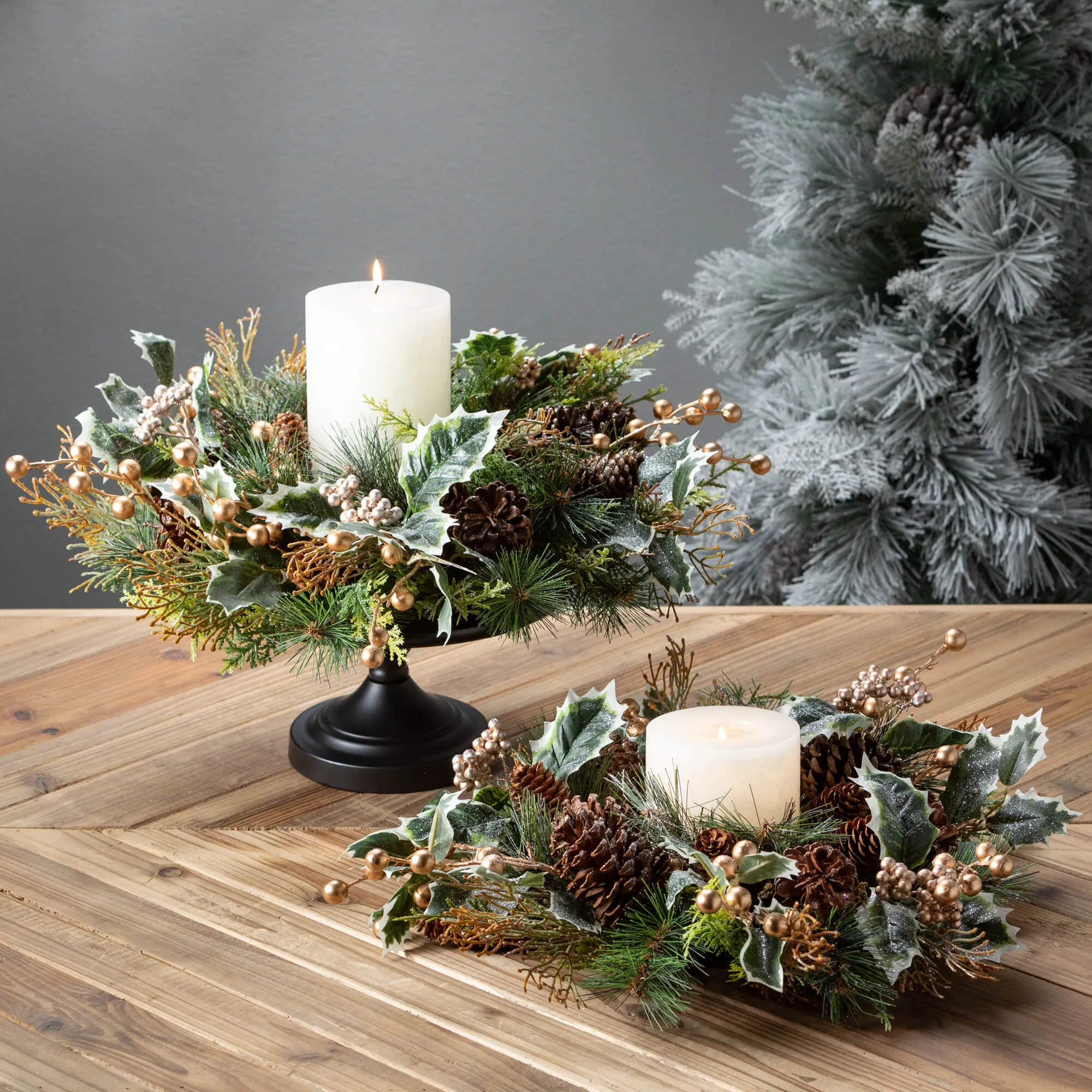 20"H Sullivans Gold Holly And Pine Christmas Mini Wreath, Green