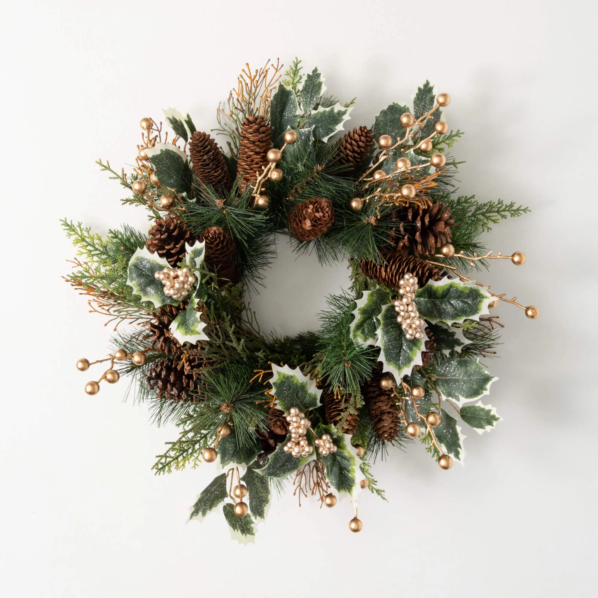 20"H Sullivans Gold Holly And Pine Christmas Mini Wreath, Green