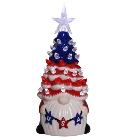 7.75" Light Up Ceramic Red White Blue Patriotic Gnome Tree