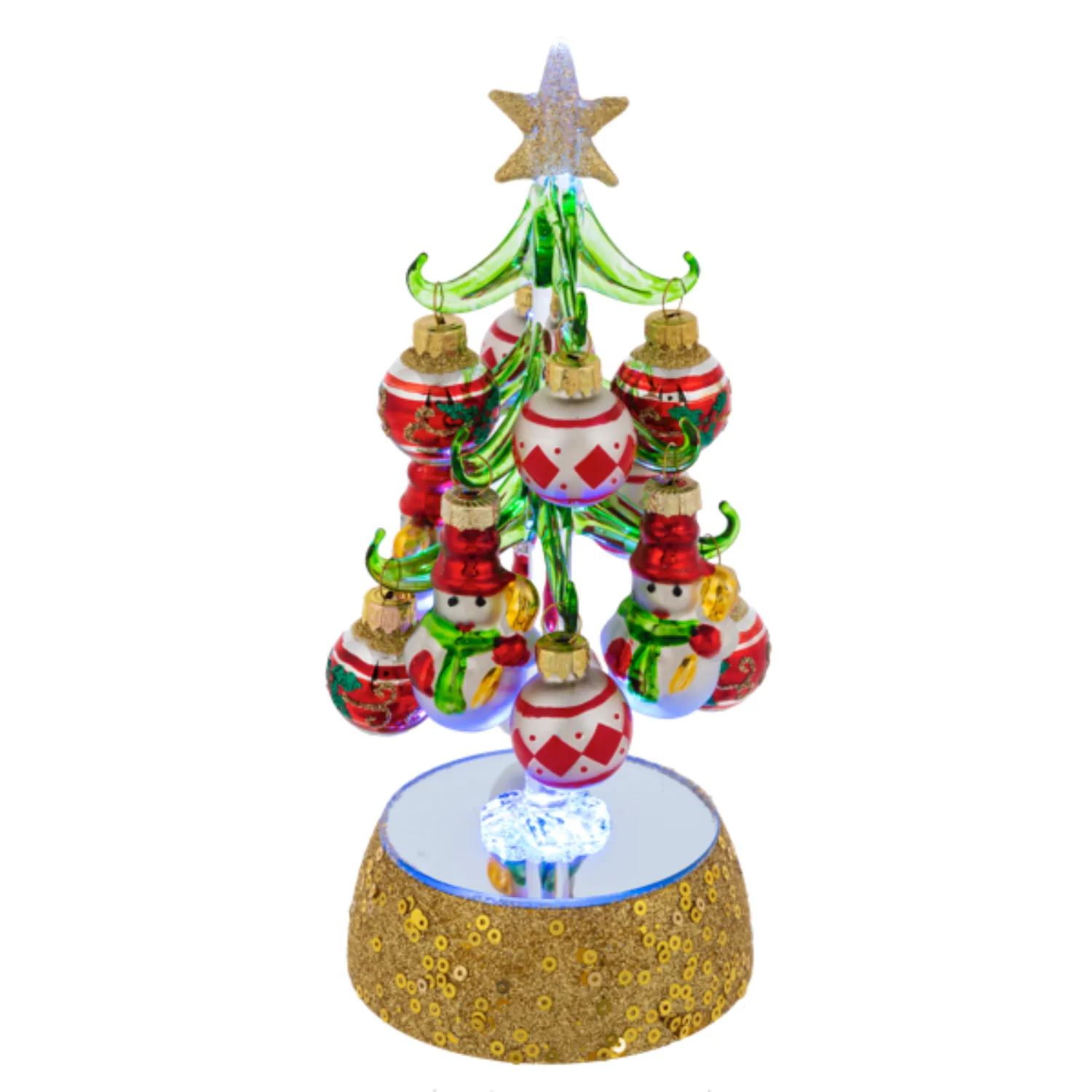 8" Light Up Glass Christmas Tree on Gold Base with 12 Ball and Snowman Ornaments