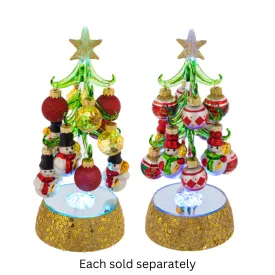 8" Light Up Glass Christmas Tree on Gold Base with 12 Ball and Snowman Ornaments