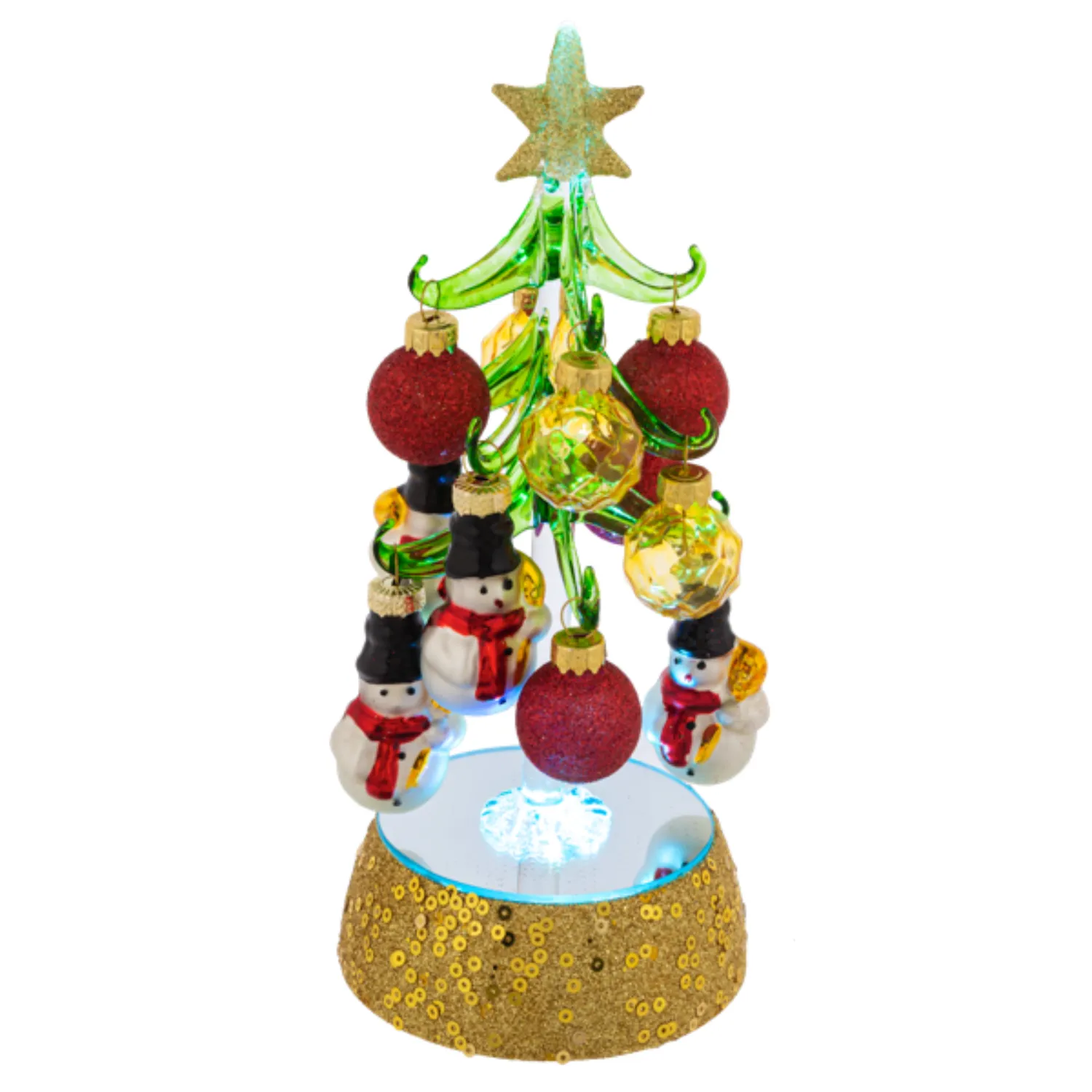 8" Light Up Glass Christmas Tree on Gold Base with 12 Ball and Snowman Ornaments