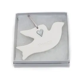 Angel Ceramics Matt Ceramic Dove with Silver Heart Hanging Decoration