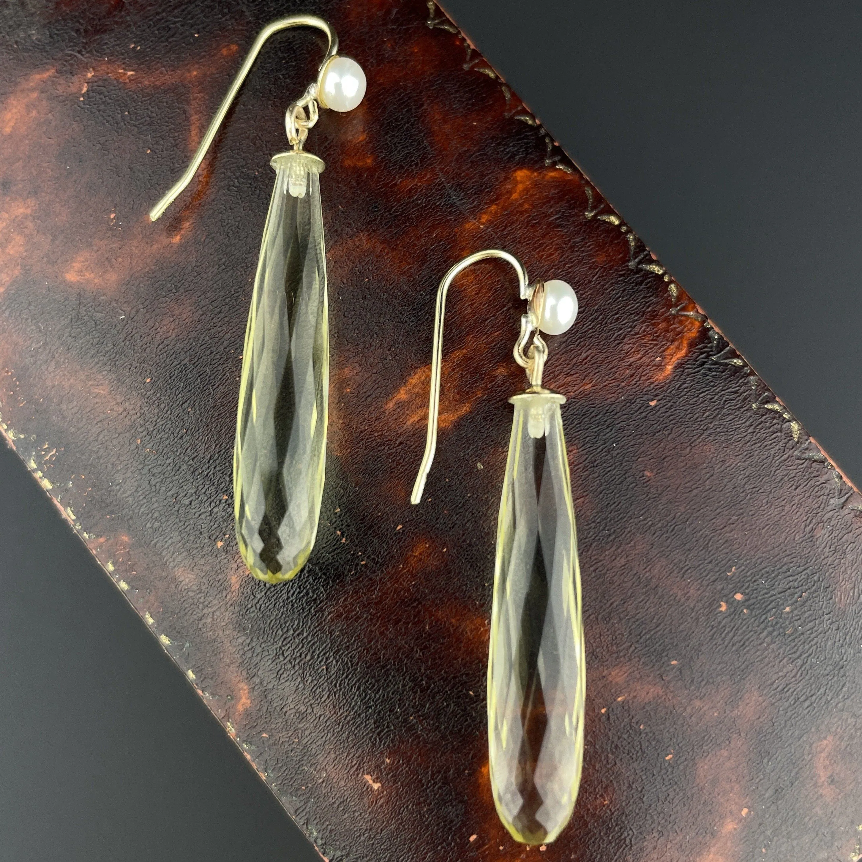 Antique Gold Art Deco Style Pearl Citrine Drop Earrings