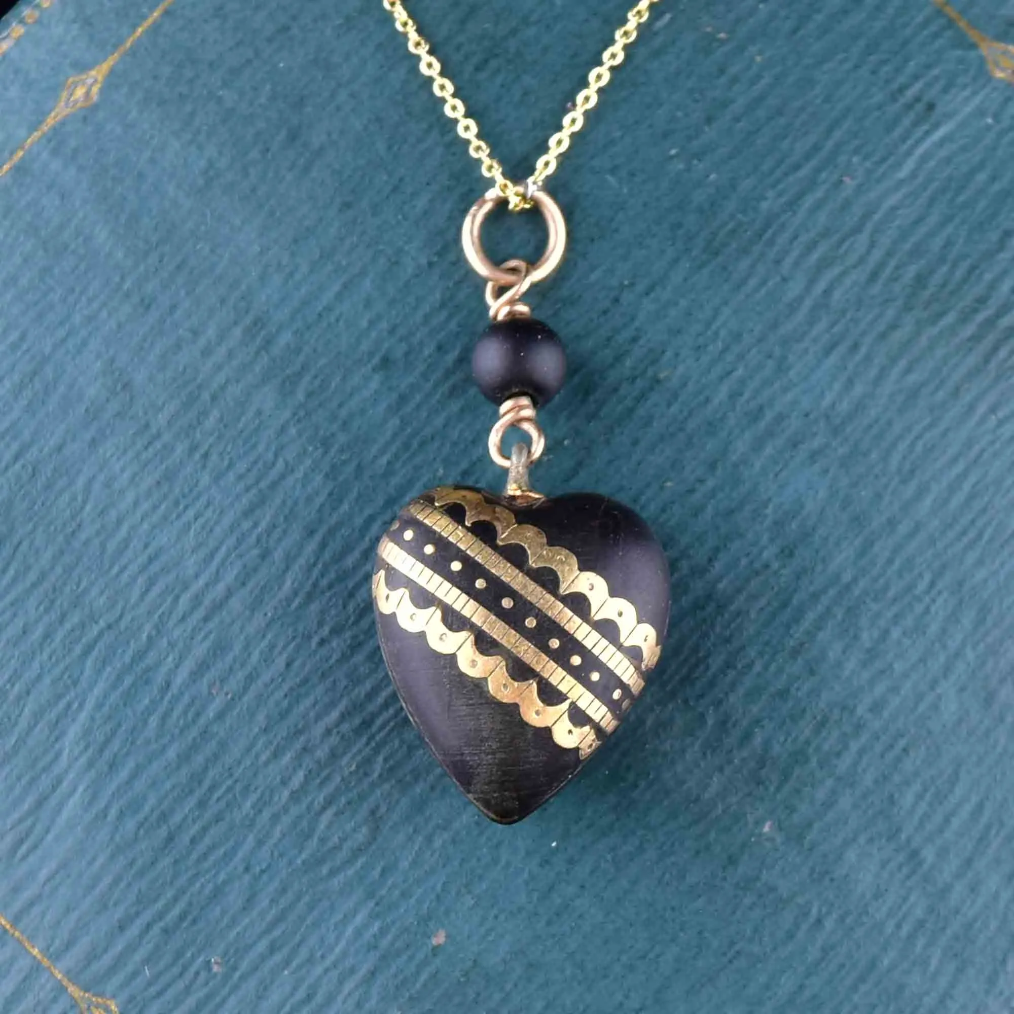 Antique Victorian Gold Pique Heart Pendant Necklace