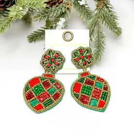 Beaded Post Back Ornament Earrings in Red and Green