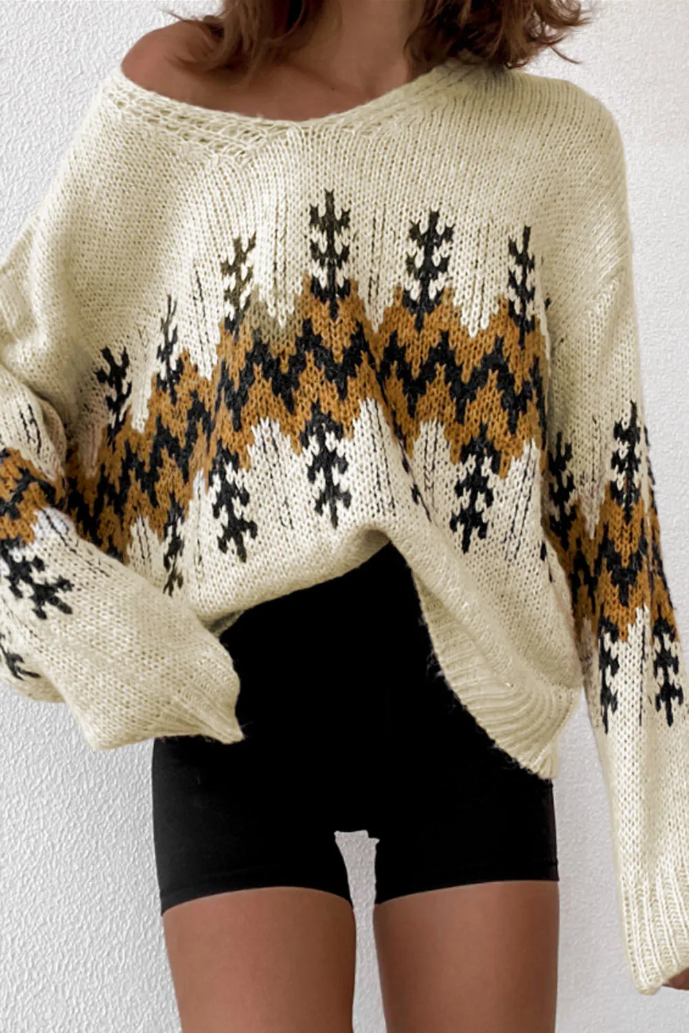 Beige Christmas Tree Print V Neck Knit Sweater