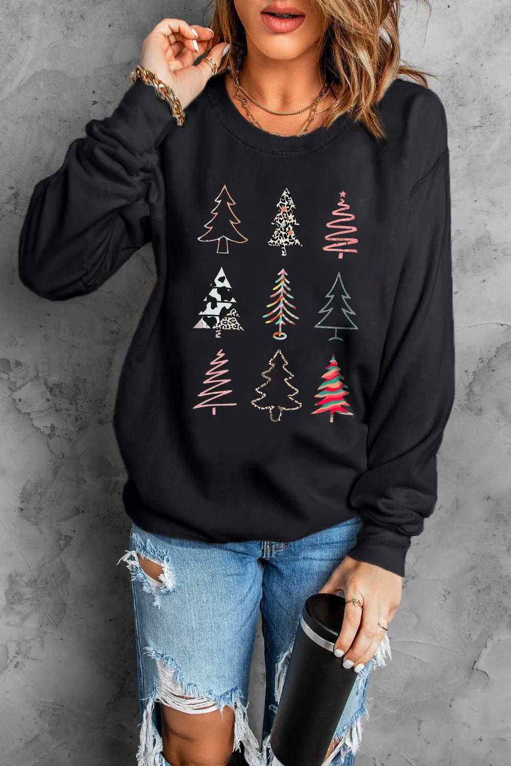 Black Christmas Tree Graphic Print Sweatshirt