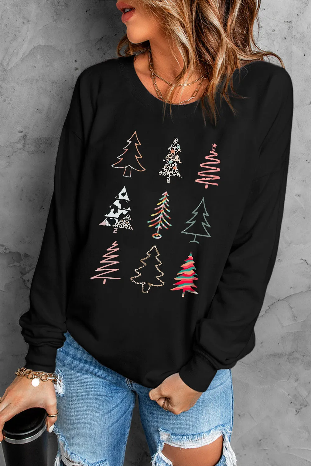 Black Christmas Tree Graphic Print Sweatshirt