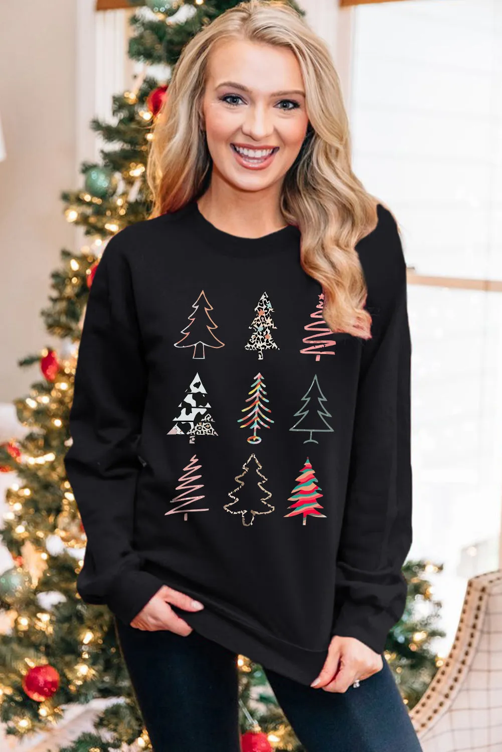 Black Christmas Tree Graphic Print Sweatshirt