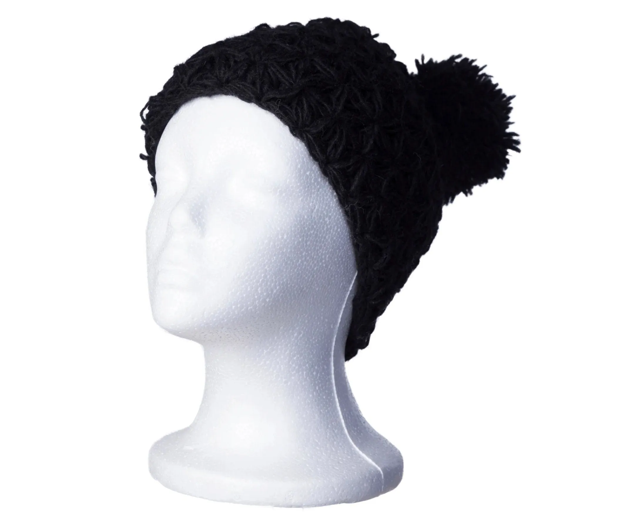 Black Knit Hat , Warm Wool Hat with Pom Pom, Cozy Fleece lined hat,