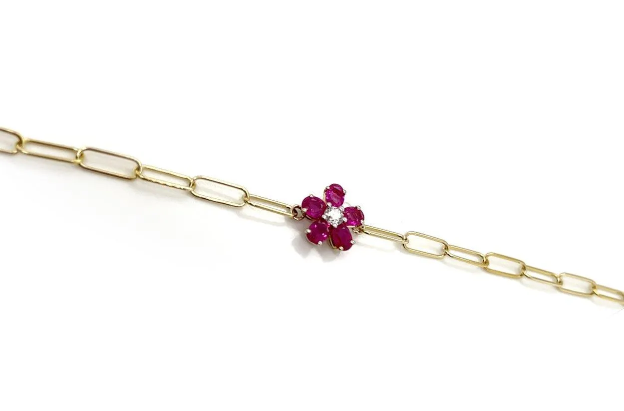 Bracelet 14kt Gold Paper Clip & Ruby Flower