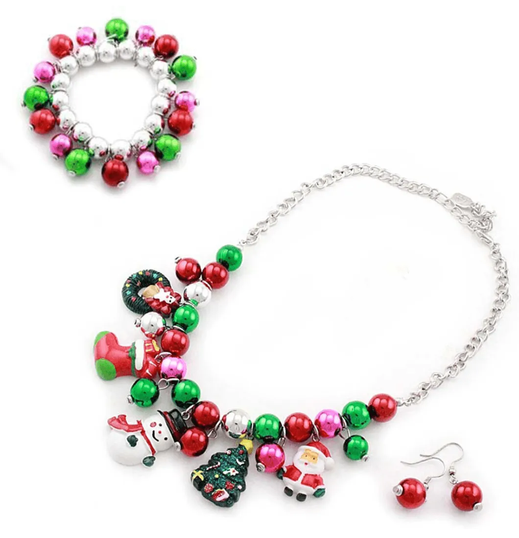 Christmas Holiday Red Green and White Charm Necklace and Earring Set