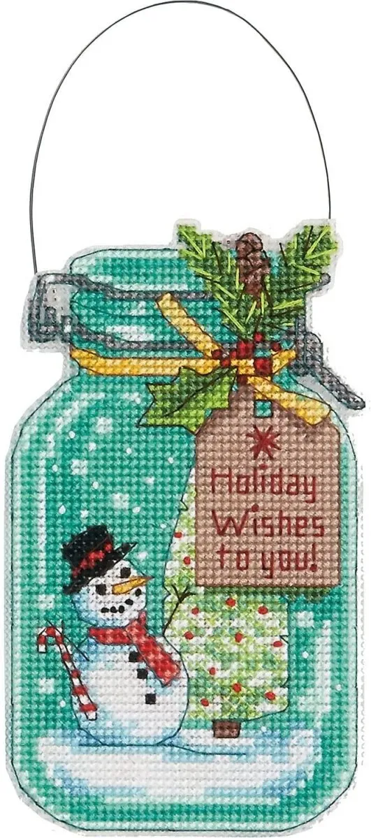 CHRISTMAS JAR ORNAMENTS, Counted Cross Stitch Kit, set of 4, 14 count clear plastic canvas, finished size 7-1/2" tall with hanger, DIMENSIONS (70-08964)