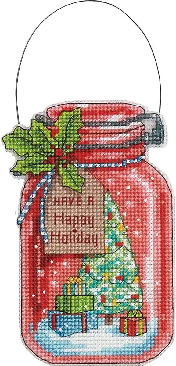 CHRISTMAS JAR ORNAMENTS, Counted Cross Stitch Kit, set of 4, 14 count clear plastic canvas, finished size 7-1/2" tall with hanger, DIMENSIONS (70-08964)