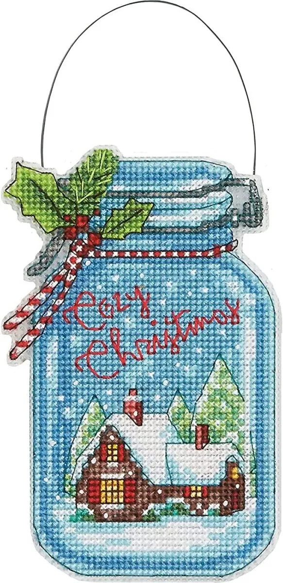 CHRISTMAS JAR ORNAMENTS, Counted Cross Stitch Kit, set of 4, 14 count clear plastic canvas, finished size 7-1/2" tall with hanger, DIMENSIONS (70-08964)