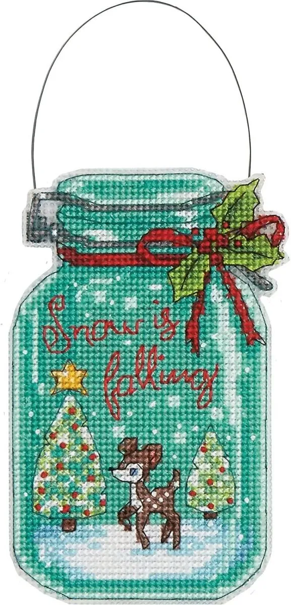 CHRISTMAS JAR ORNAMENTS, Counted Cross Stitch Kit, set of 4, 14 count clear plastic canvas, finished size 7-1/2" tall with hanger, DIMENSIONS (70-08964)