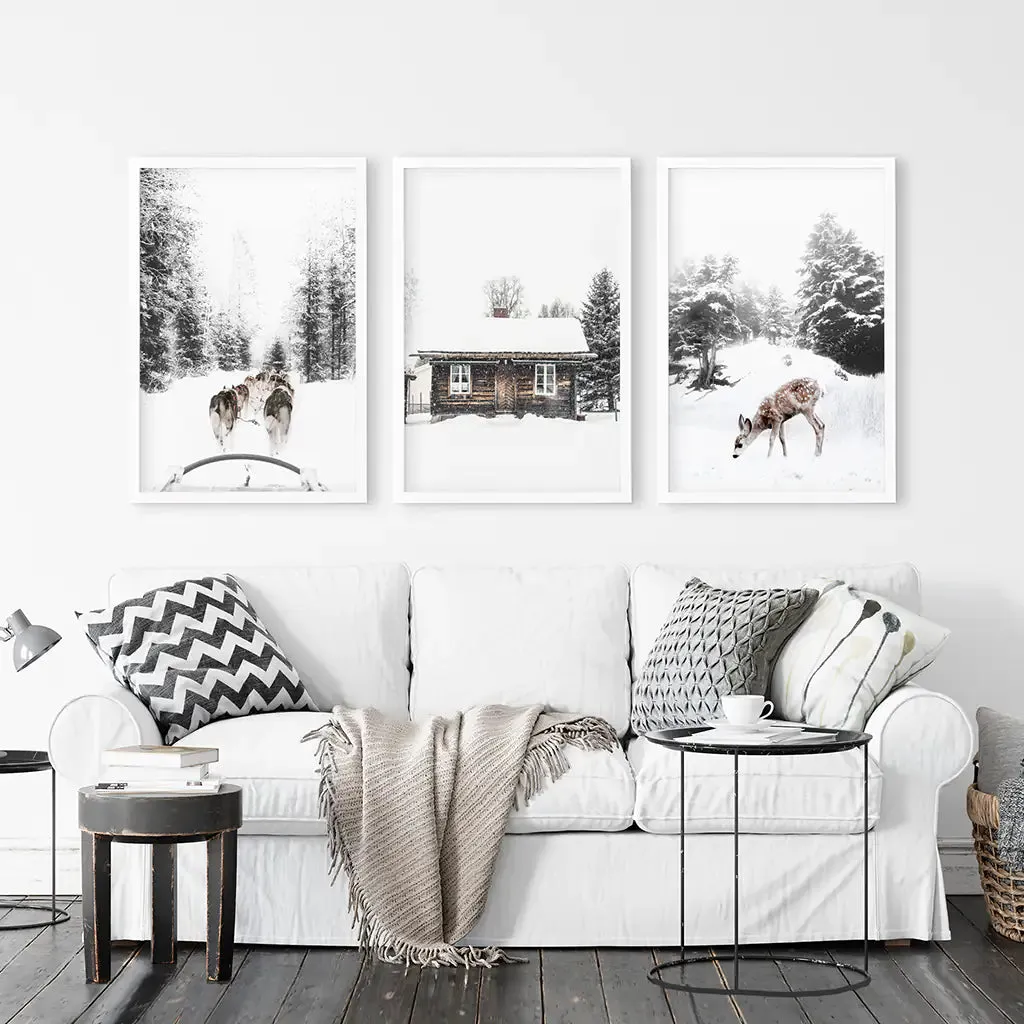 Christmas Mood Set of 3 Prints. Fawn, Log Cabin, Sledding