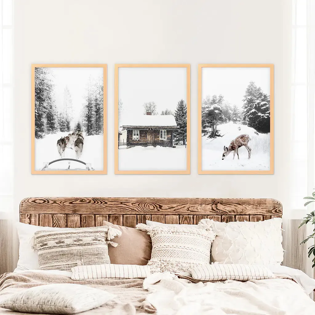 Christmas Mood Set of 3 Prints. Fawn, Log Cabin, Sledding