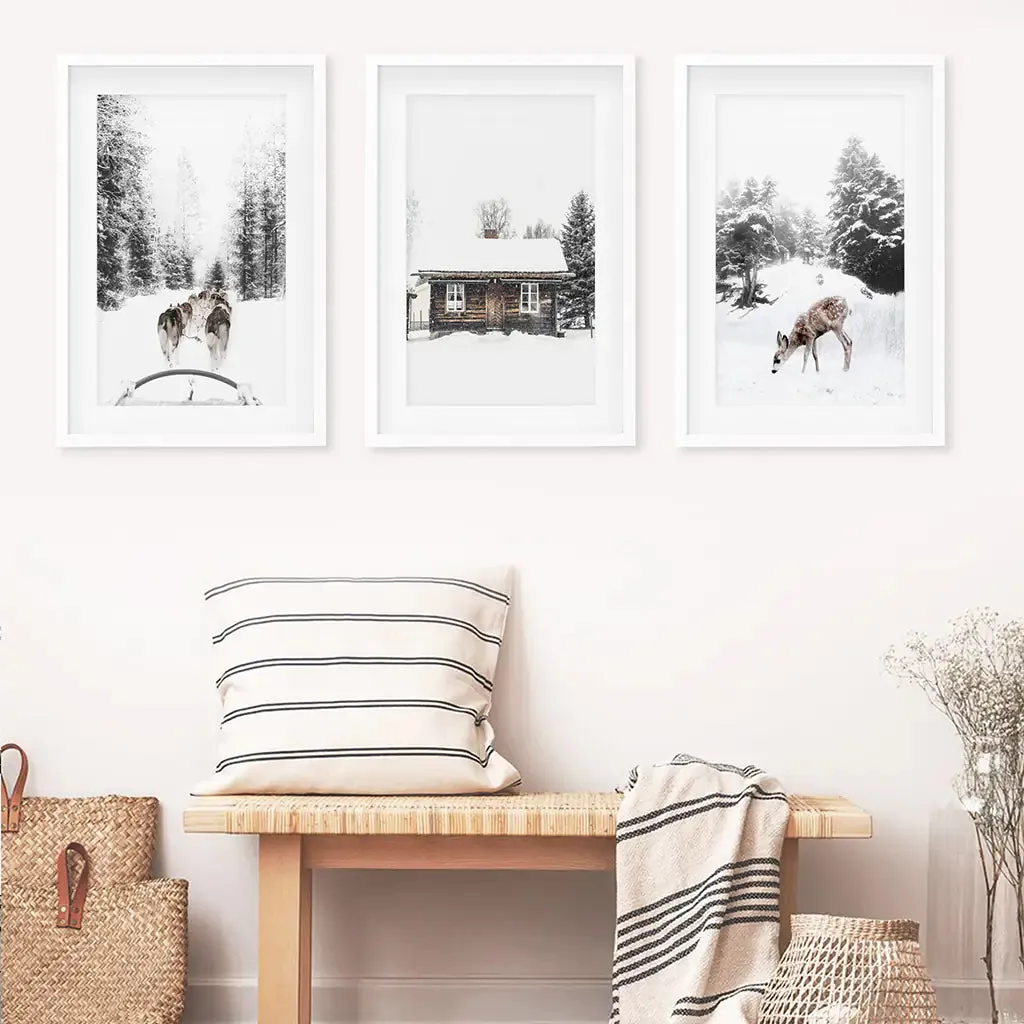 Christmas Mood Set of 3 Prints. Fawn, Log Cabin, Sledding