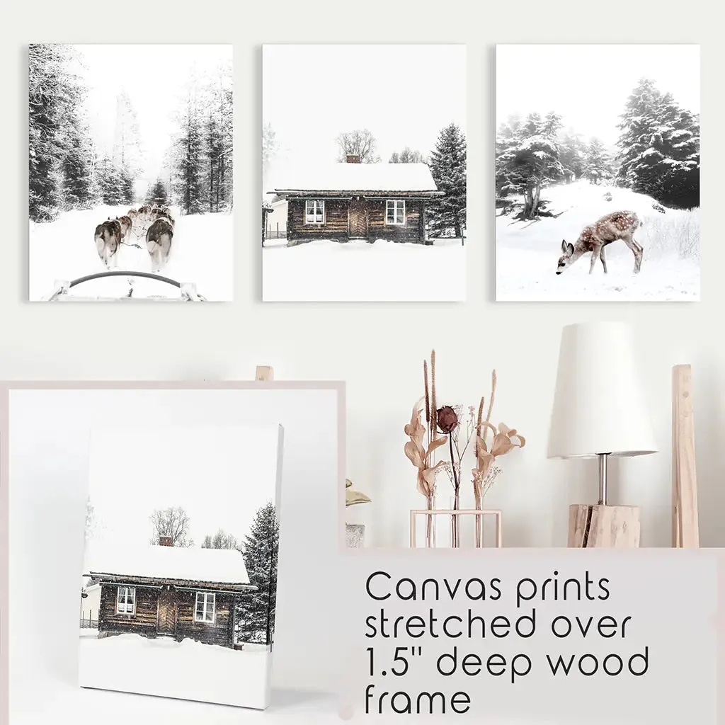 Christmas Mood Set of 3 Prints. Fawn, Log Cabin, Sledding