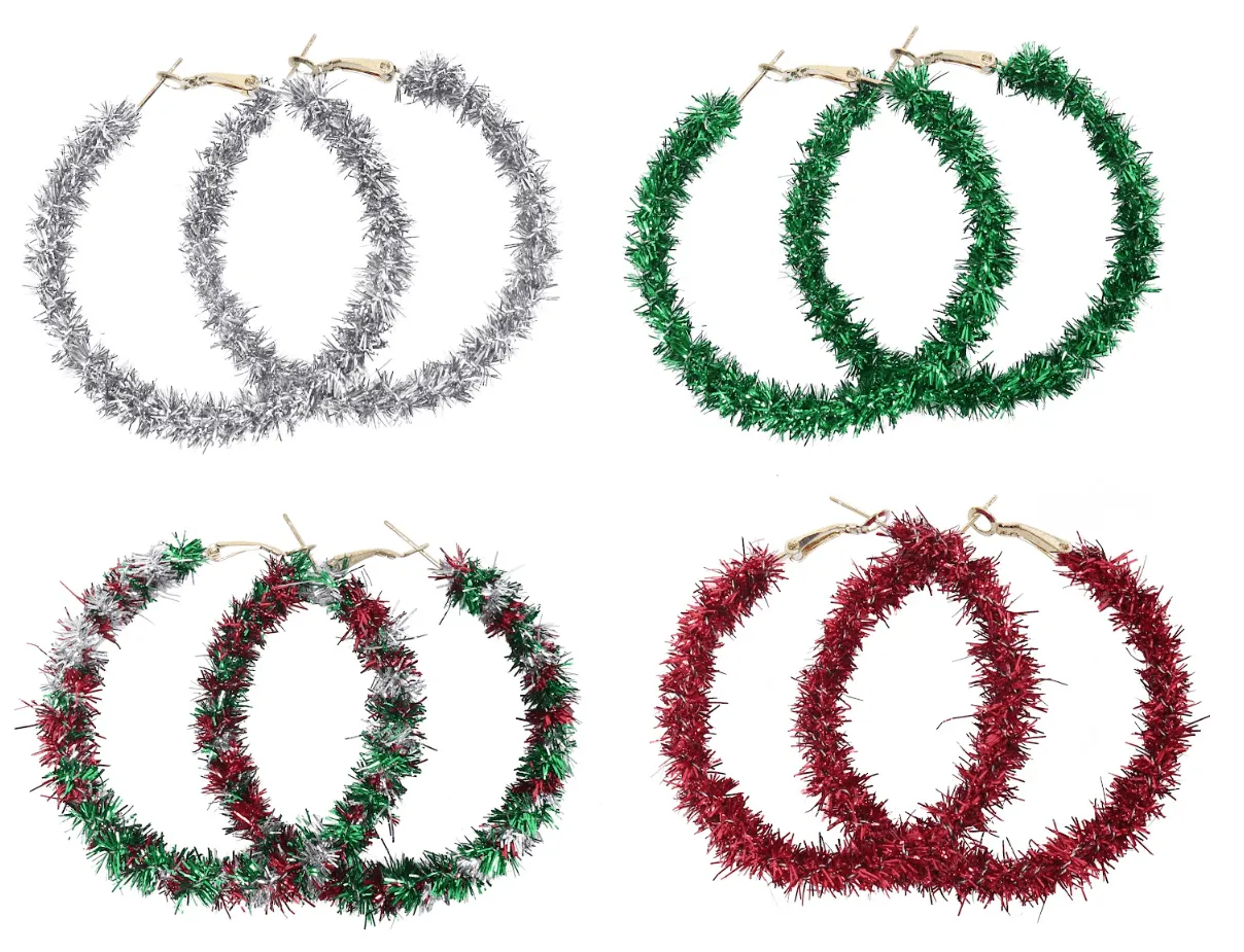 Assorted Christmas Tinsel Hoop Earrings - Set of 4