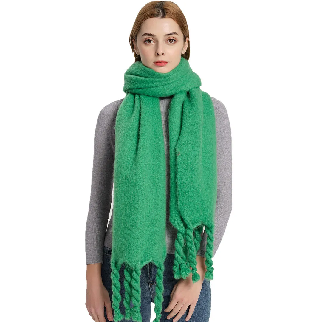 Comfy Solid Green Twisted Fringe Chunky Boucle Knit Scarf