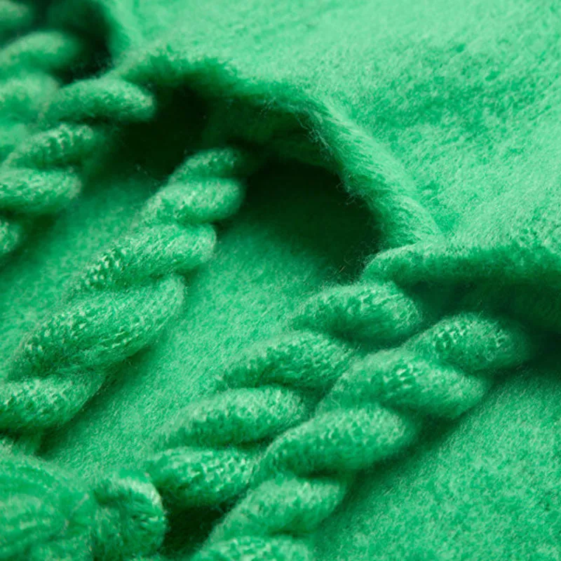 Comfy Solid Green Twisted Fringe Chunky Boucle Knit Scarf