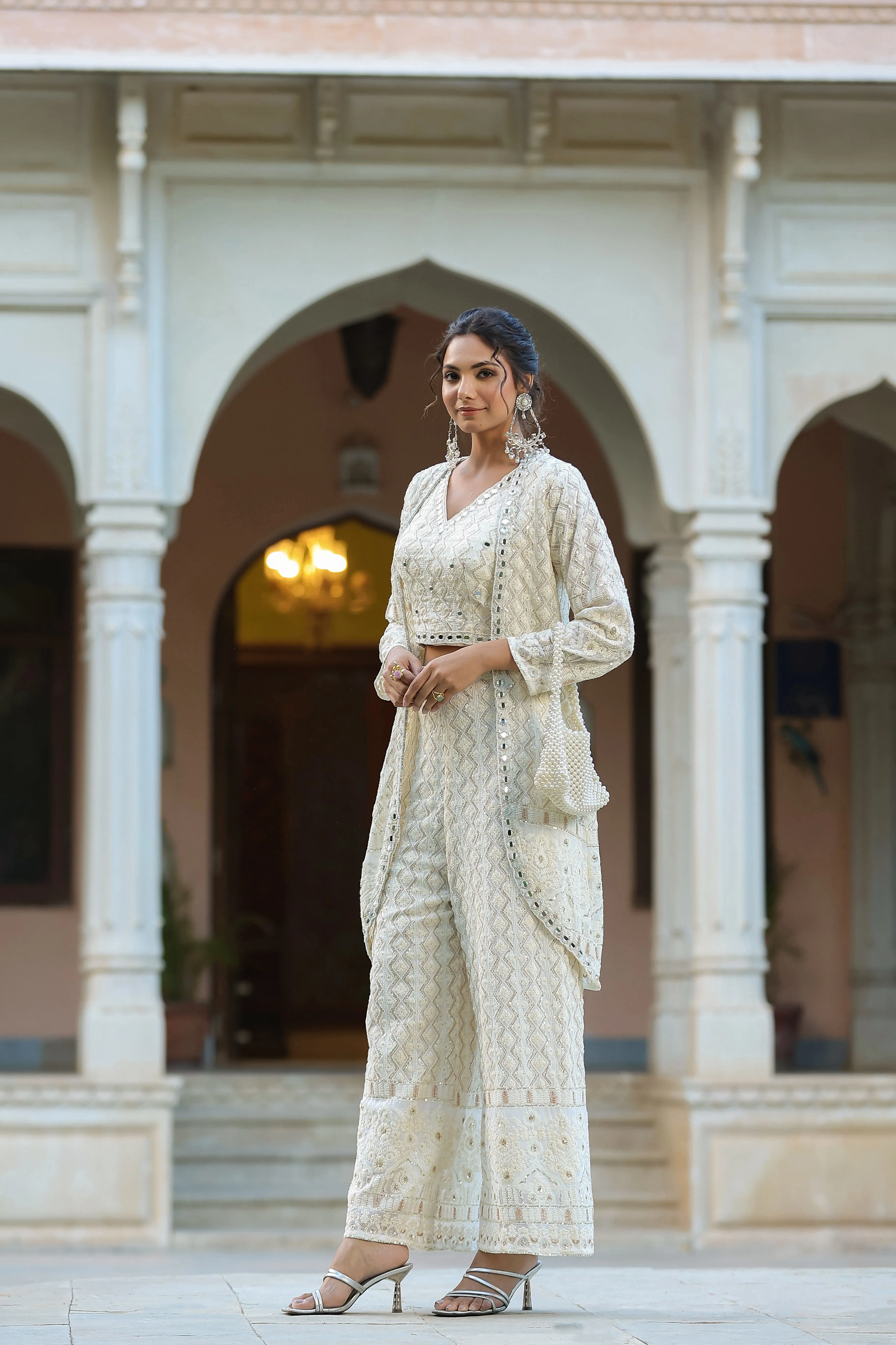 Cream Chic Chikankari Embroidered Georgette Silk Cape Set