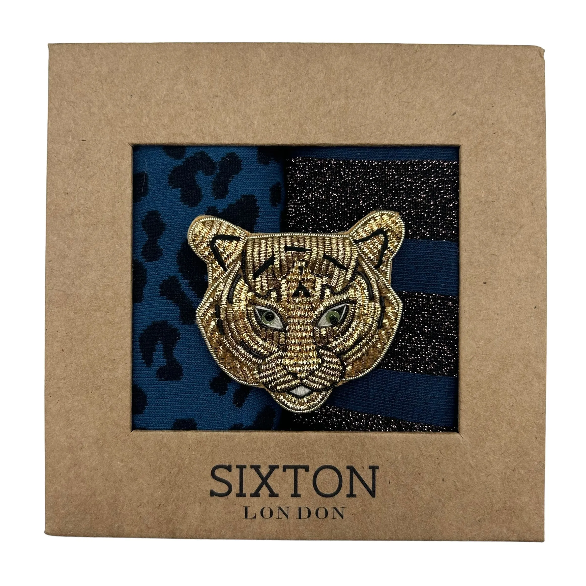 Denim leopard and  Berlin sock box duo with pin