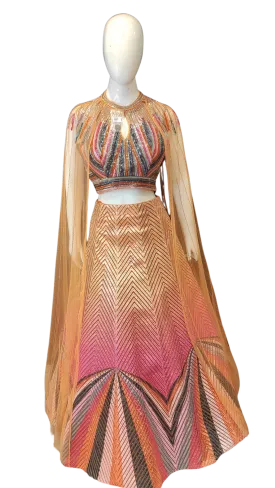 Designer Lehenga Choli and Cape with Leather Strip Work