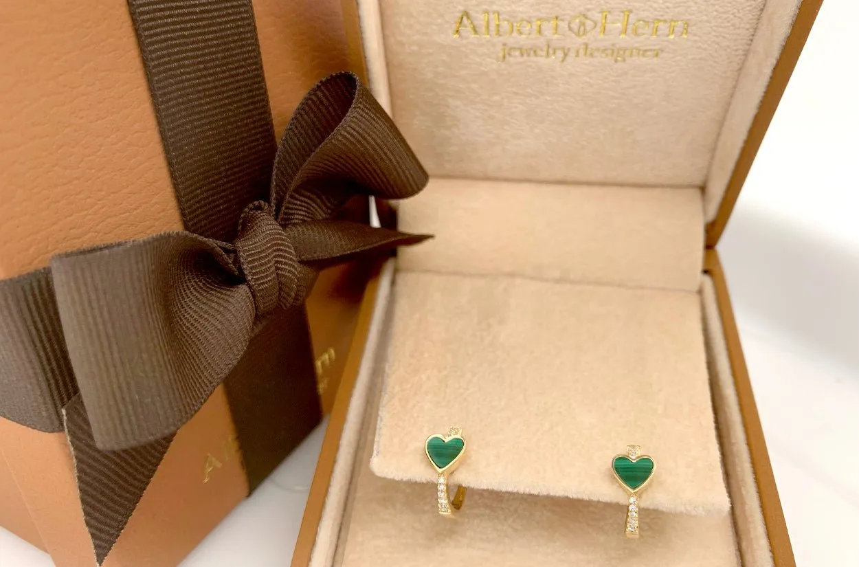 Earrings 14kt Gold Huggies Malachite Hearts & Pave Diamonds