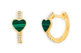 Earrings 14kt Gold Huggies Malachite Hearts & Pave Diamonds