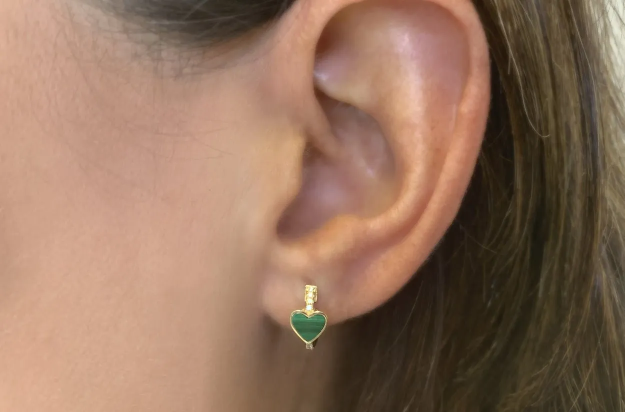 Earrings 14kt Gold Huggies Malachite Hearts & Pave Diamonds