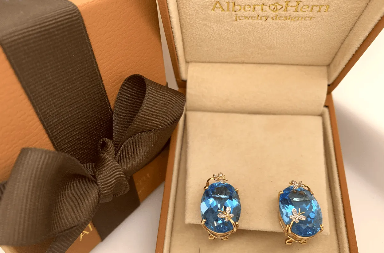 Earrings 14kt Gold London Blue Topaz Enhance Butterfly & Diamonds