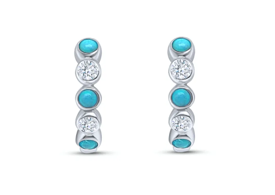 Earrings 14kt Gold Mini Hoops with Turquoise and Diamonds