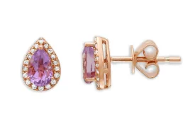 Earrings 14kt Gold Pear Amethyst & Diamonds Studs