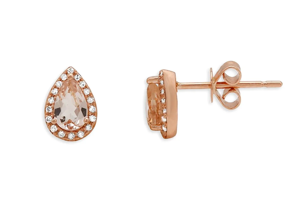 Earrings 14kt Gold Pear Morganite & Diamonds Studs