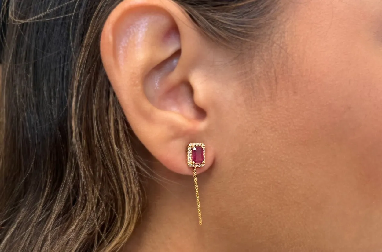 Earrings 14kt Gold Rubies Studs Chain & Diamonds