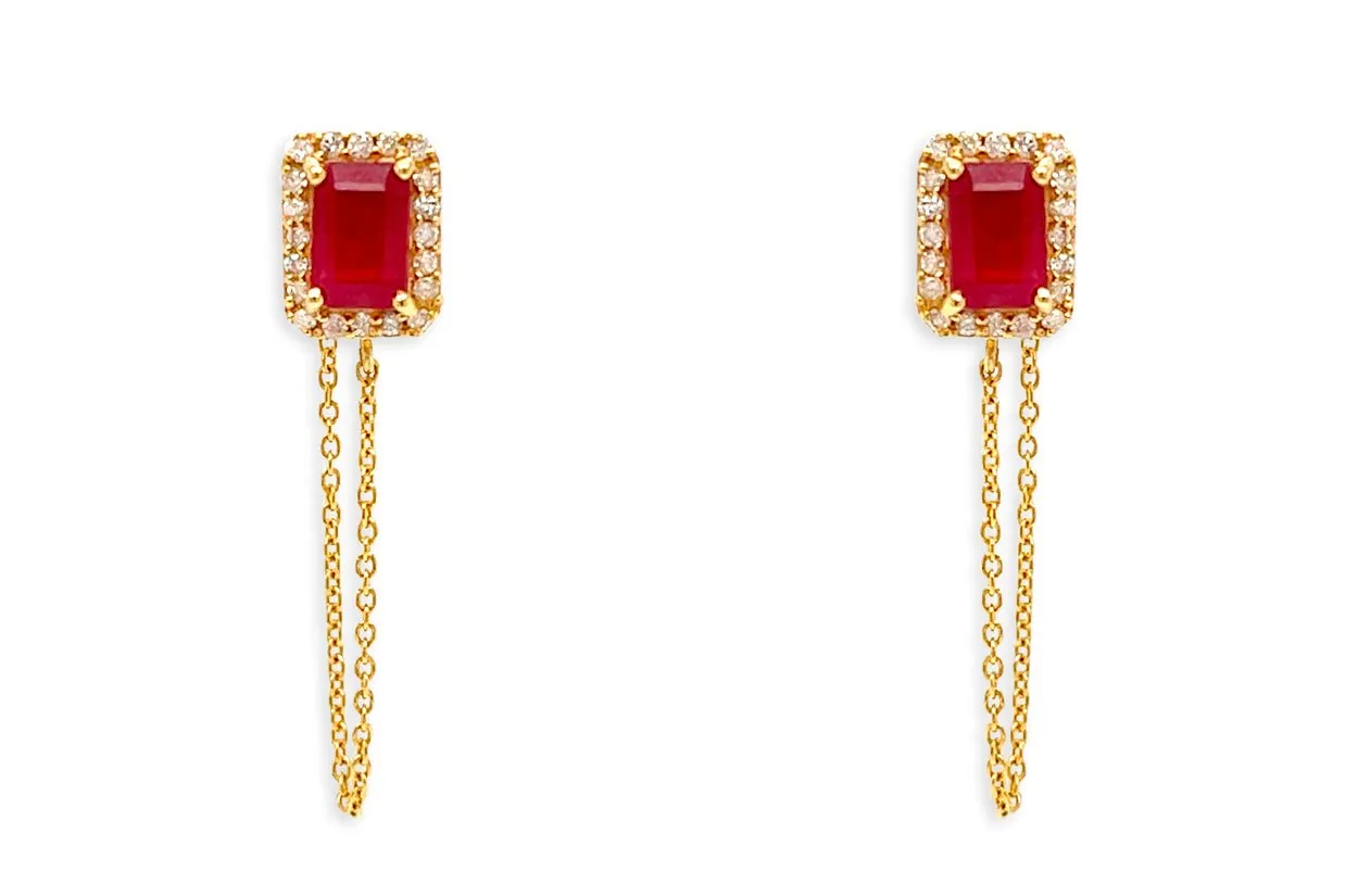 Earrings 14kt Gold Rubies Studs Chain & Diamonds