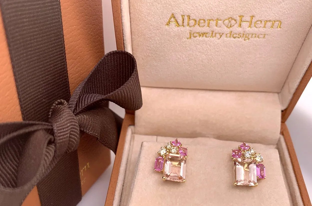 Earrings 18kt Emerald Cut Pink Sapphires & Diamonds