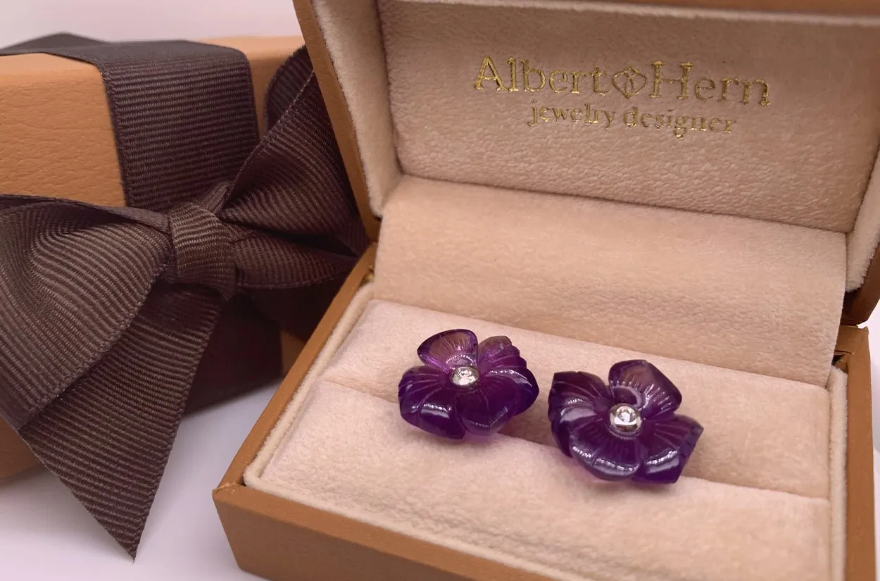 Earrings 18kt Gold Carnet Amethyst Flowers & Diamonds