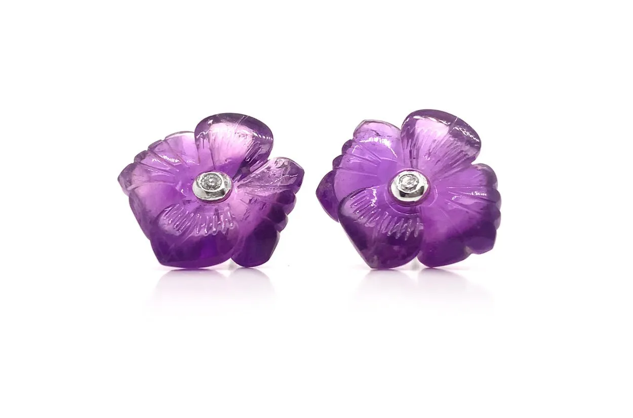 Earrings 18kt Gold Carnet Amethyst Flowers & Diamonds