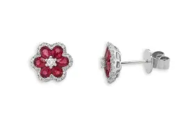 Earrings 18kt Gold Flowers with Rubies & Diamonds Studs